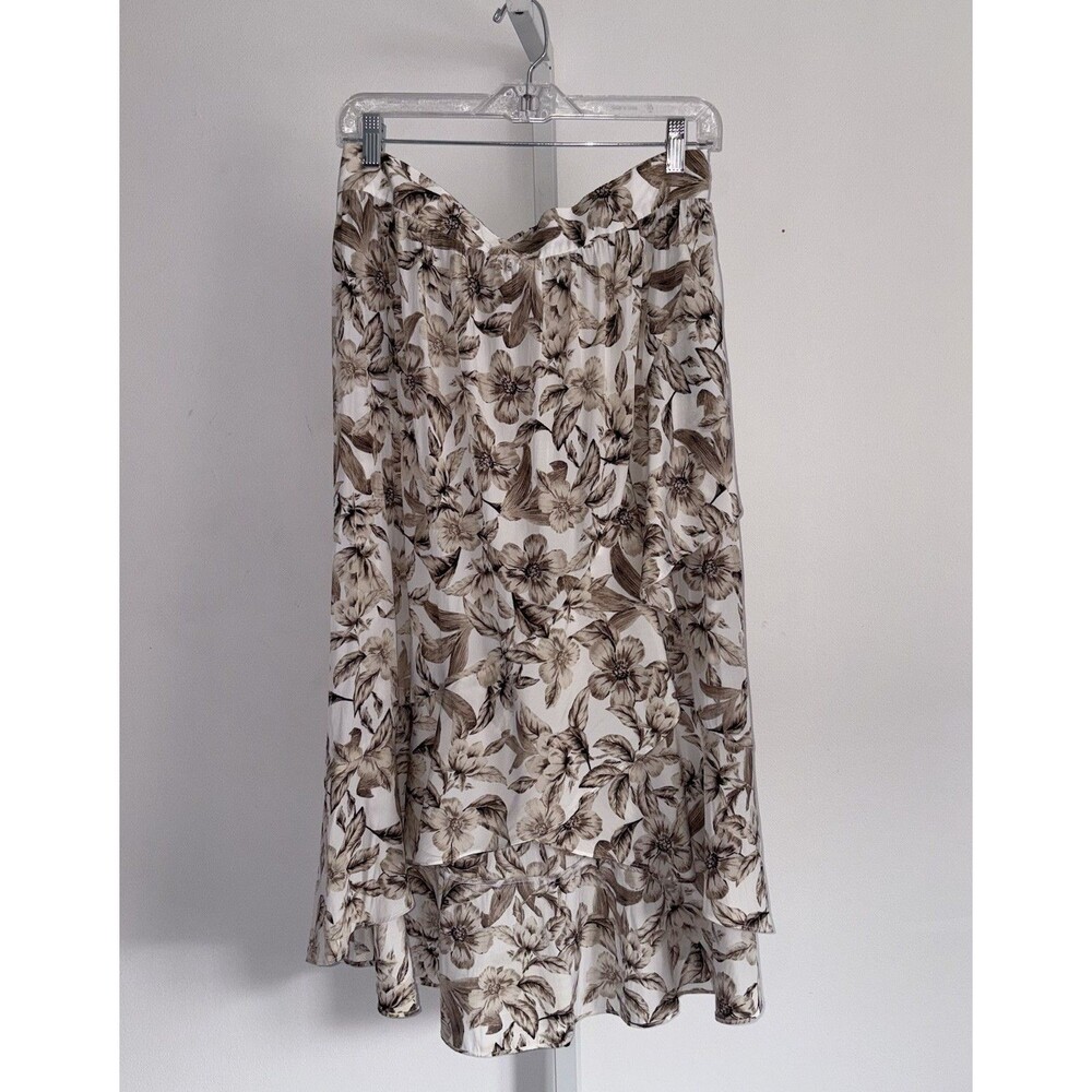J. Jill Brown & White Floral Midi Skirt Size XL Petite Flowy Elastic Waist